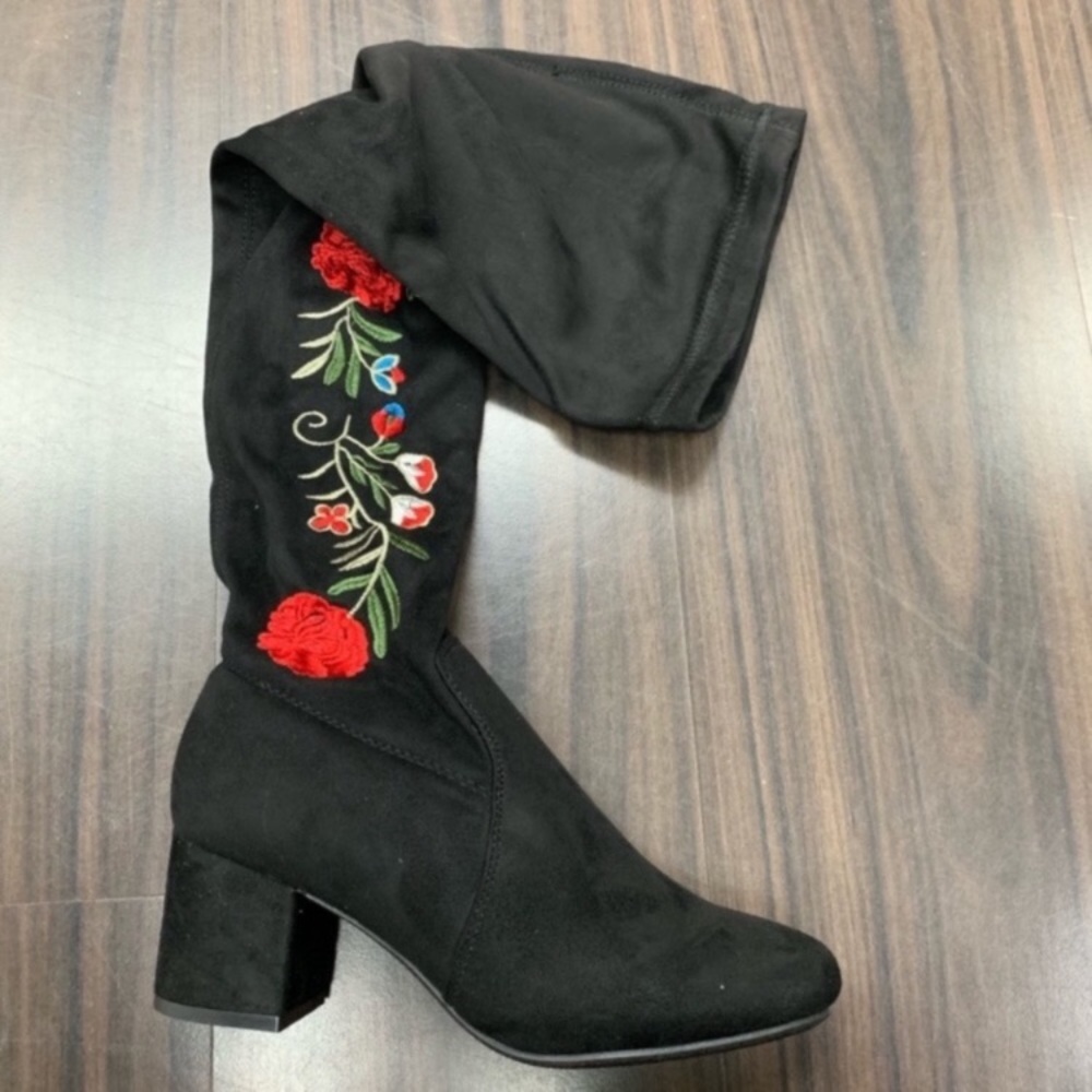 NIB Over the Knee Floral Embellished Suede Boots - Picture 5 of 11